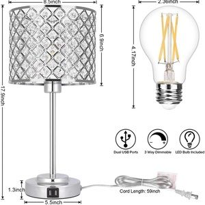 Crystal Lamp with 2 USB Ports, 3-Way Dimmable Touch Lamp. Silver